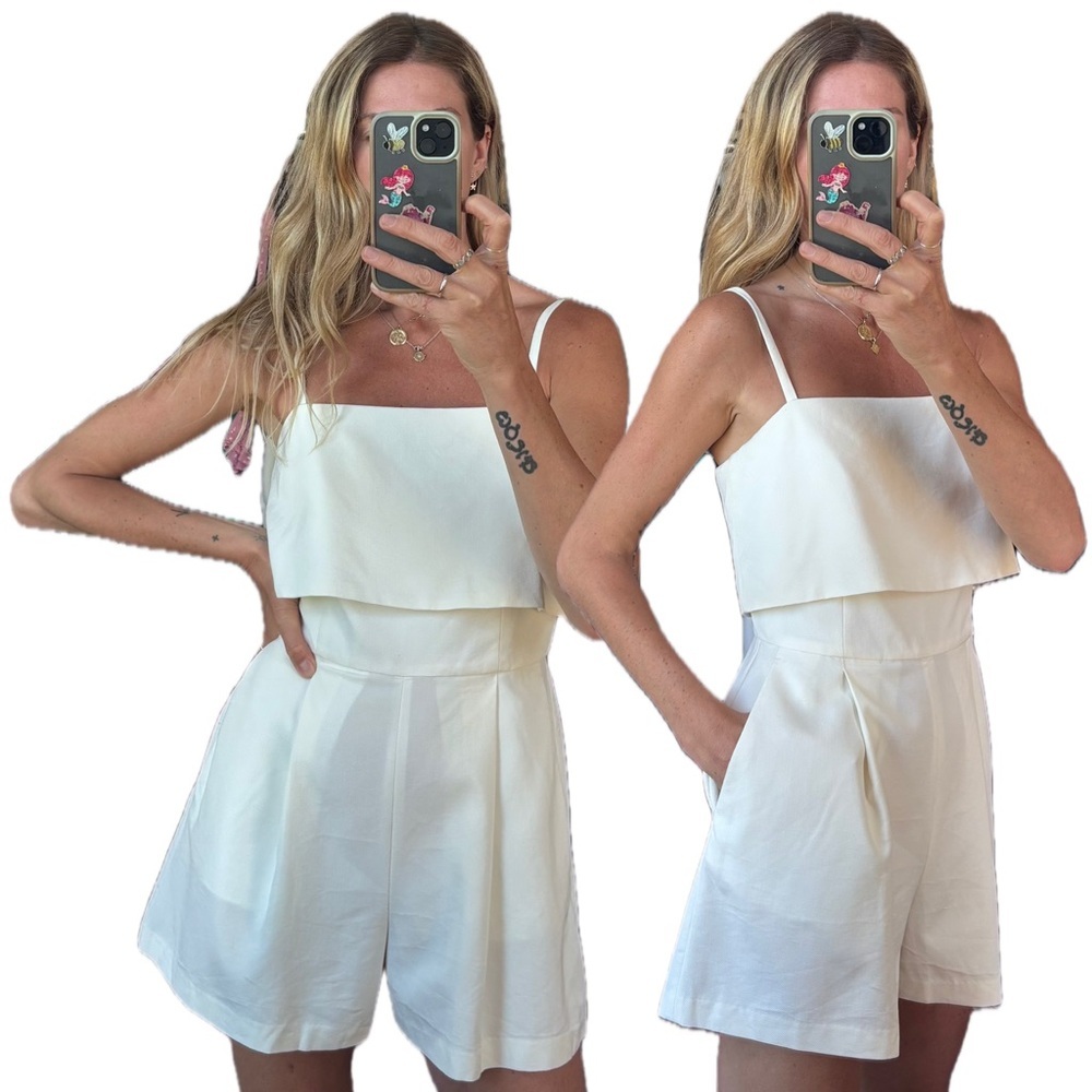 Club Monaco Crepe Textured Cream Spaghetti Strap Romper Playsuit with Pockets